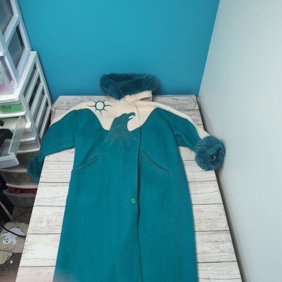 Linda Lundstrom Laparka Inuit Wool Parka w Eagle Motif in Teal and White Women M - Picture 2 of 10